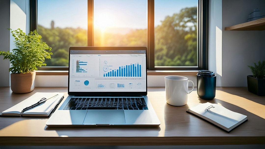 A laptop showing charts on a desk by a sunny window